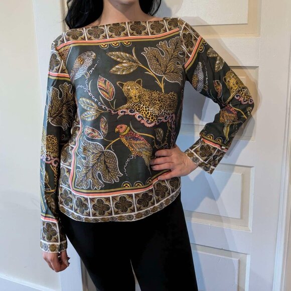 J. Crew Top Minnie Ornate Jungle Print Boat Neck Drapey Blouse Green SMALL - Picture 1 of 12